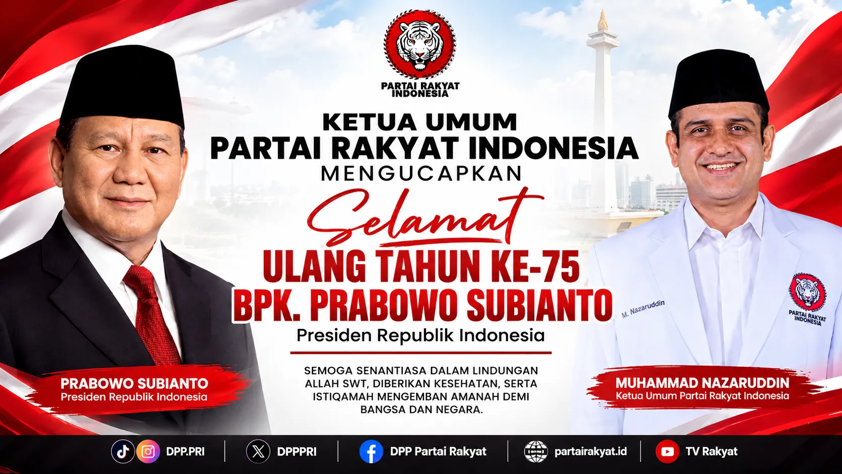 Ketua Umum Partai Rakyat Indonesia Muhammad Nazaruddin Sampaikan Ucapan Selamat Ulang Tahun ke-75 kepada Presiden Prabowo Subianto